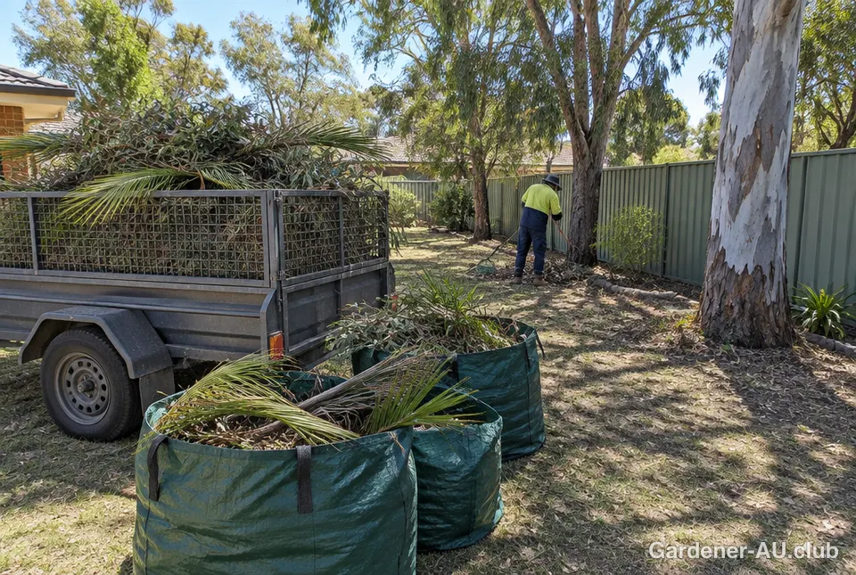 A trailer and bags of green waste during a backyard clean-up under gum trees