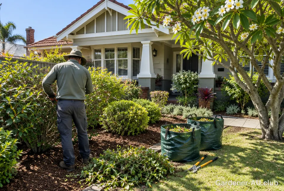 A gardener pruning shrubs and mulching garden beds in front of a bungalow