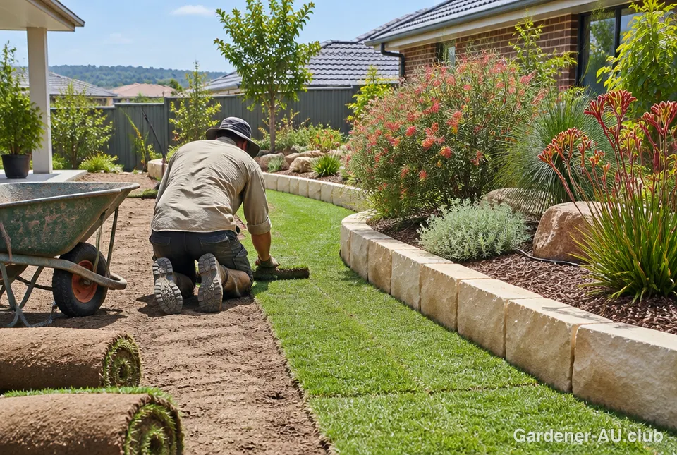 New turf being laid next to sandstone garden edging and drought tolerant plants